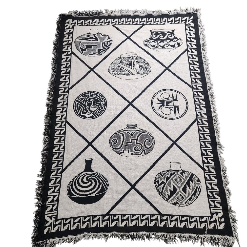 Vintage Southwest Native Aztec Pottery Pots Blanket Tapestry 74” X 50”